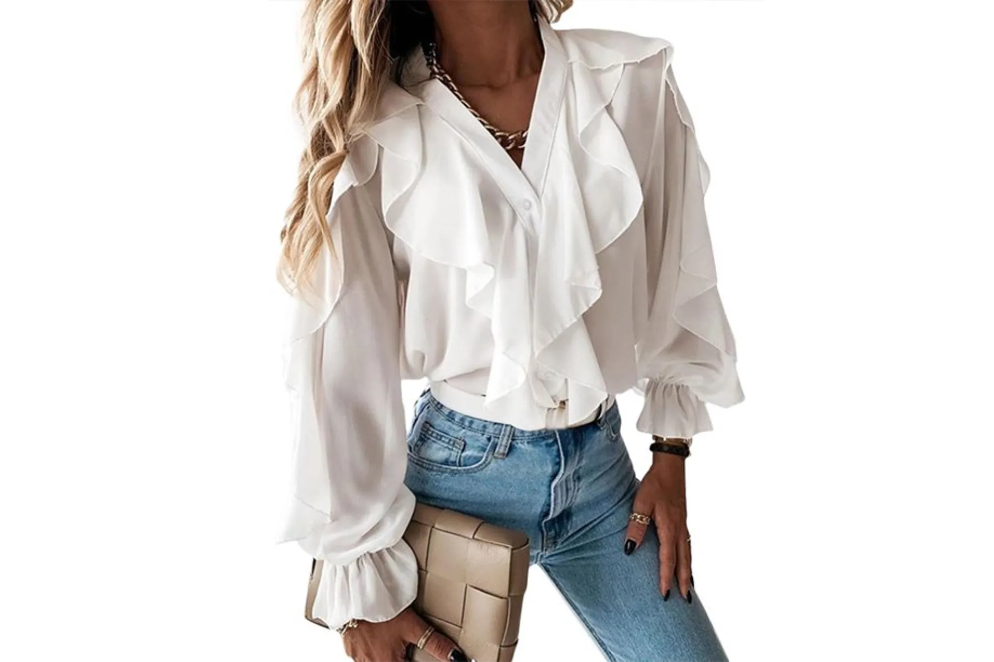 Celmia V-neck Butterfly Sleeve Wavy Edge Blouse