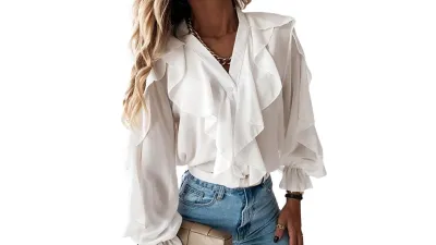 Celmia V-neck Butterfly Sleeve Wavy Edge Blouse