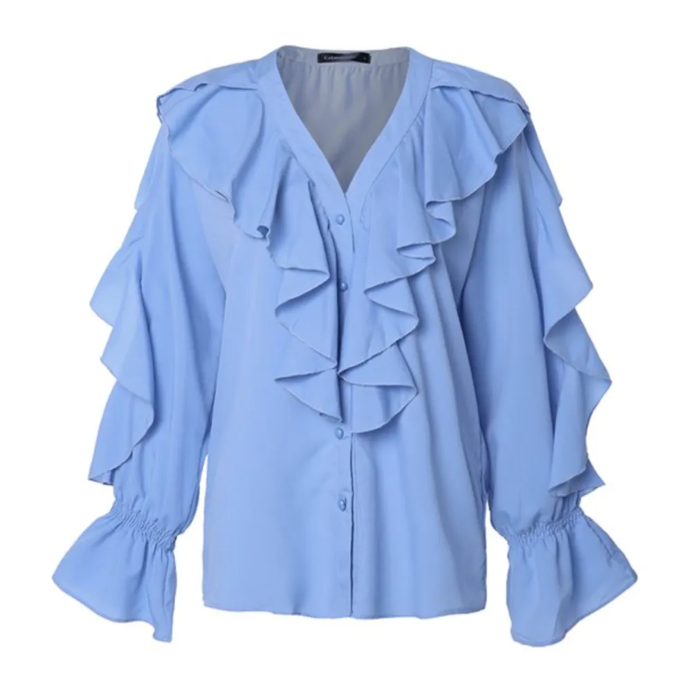 Celmia V-neck Butterfly Sleeve Wavy Edge Blouse