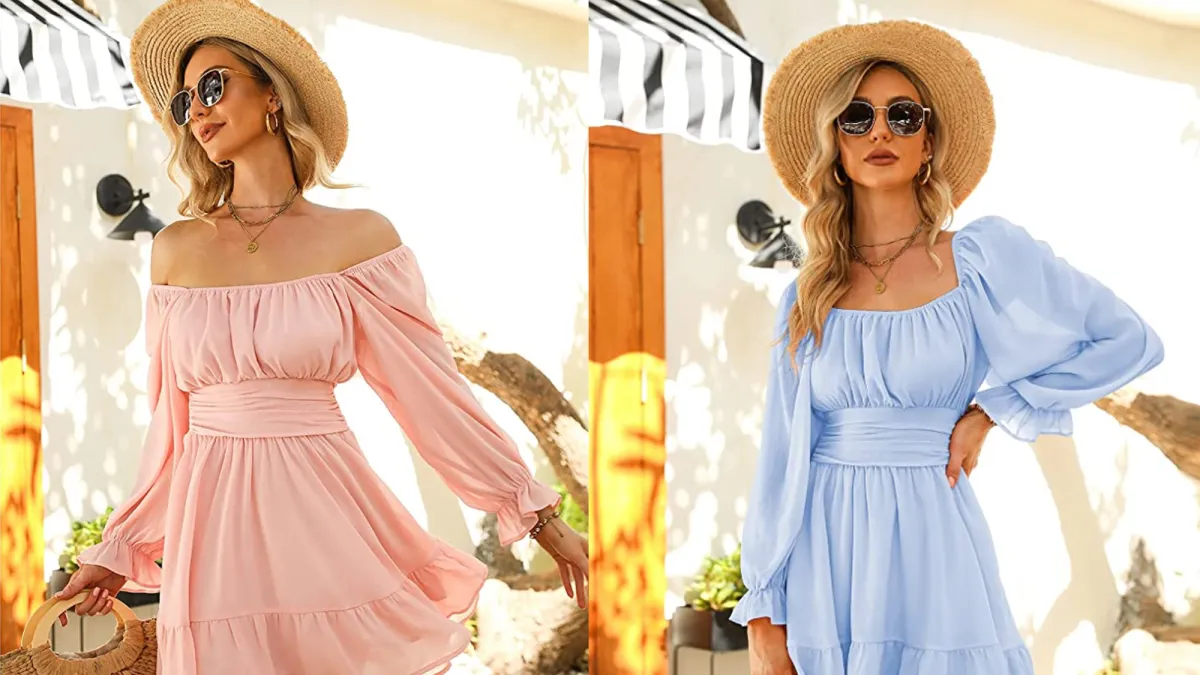 EXLURA Women's Tie Back Lantern Sleeve Ruffle Mini Dress