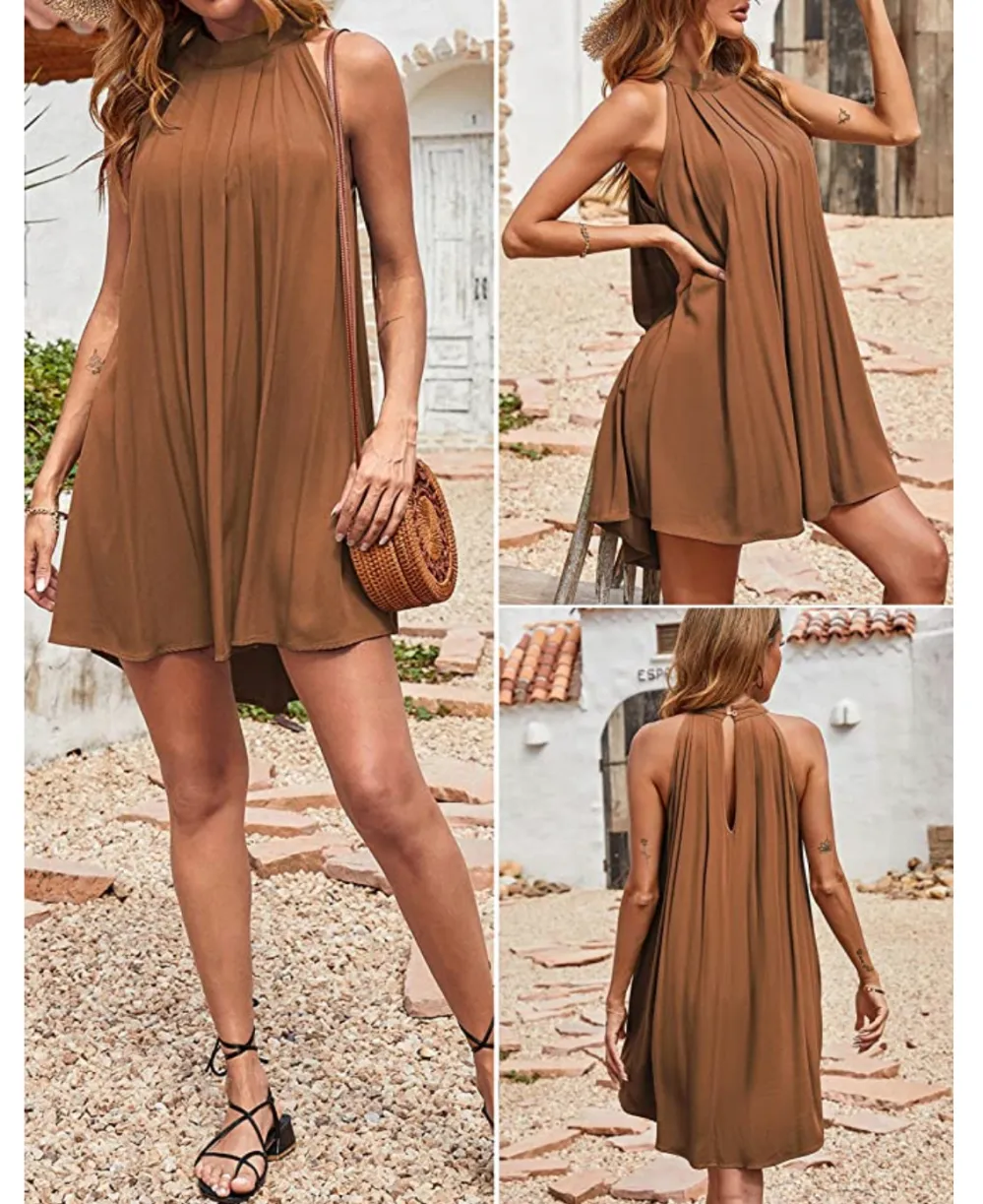 KIRUNDO Women's Halter Neck Sleeveless Mini Dress