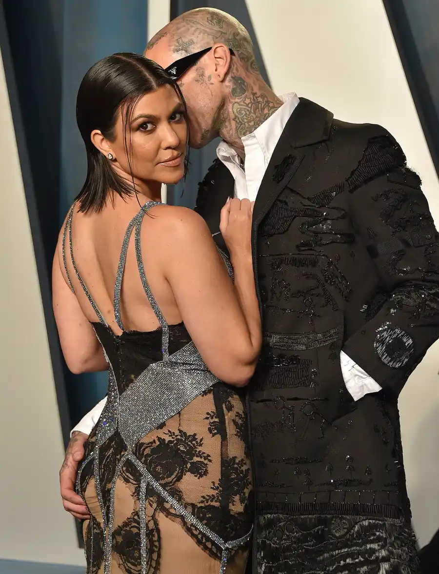 Kourtney Kardashian and Travis Barker Coordinate in Black on the 2022 Oscars Red Carpet