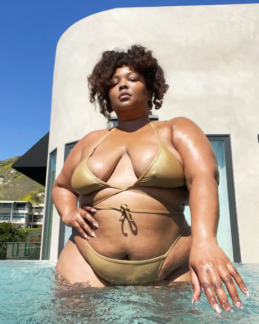 Lizzo Puts Her Curves Display Itty Bitty Gold Bikini Back Work