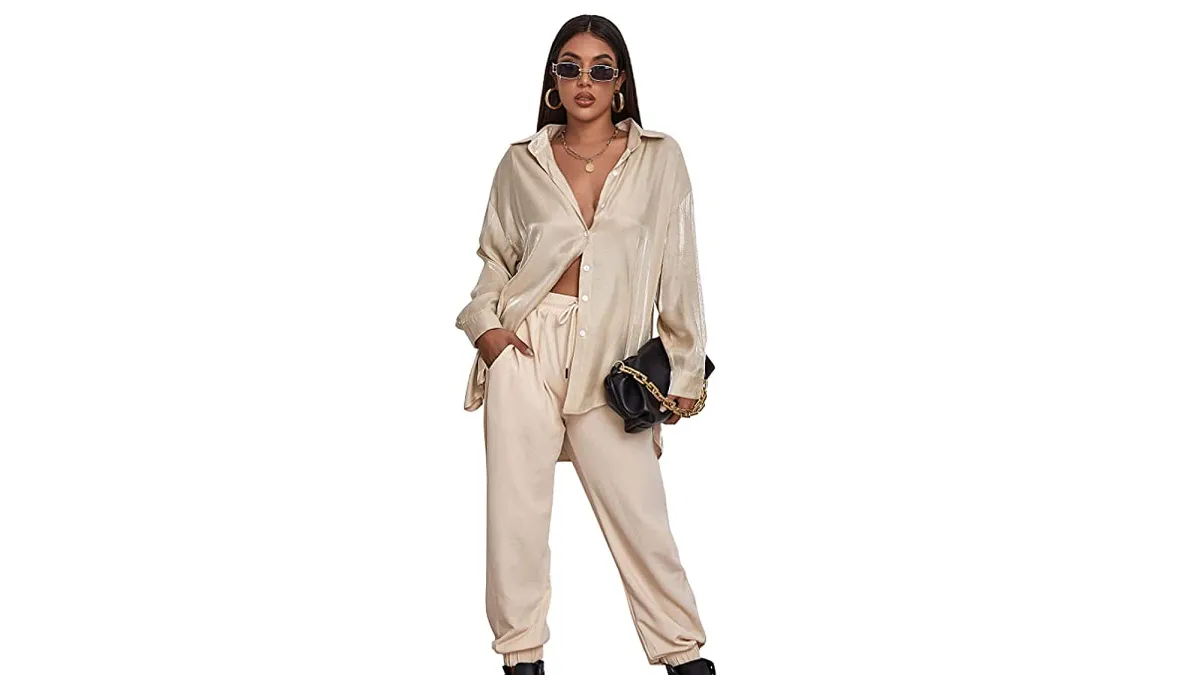 MakeMeChic Women's Oversized Satin Silk Button Down Shirt