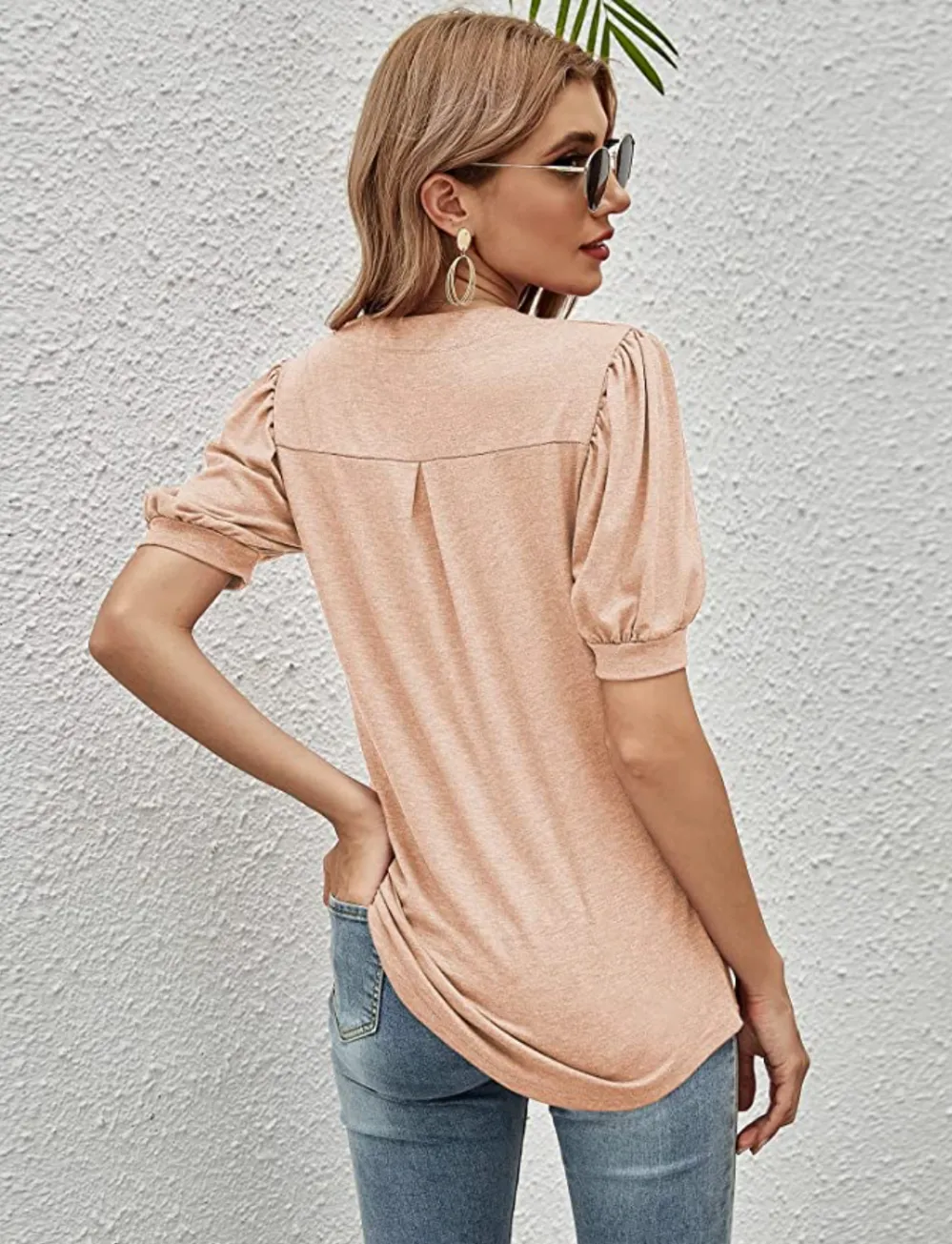 Romanstii Women's V-Neck Puff Short-Sleeve Top