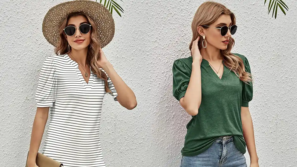 Romanstii Women's V-Neck Puff Short-Sleeve Top