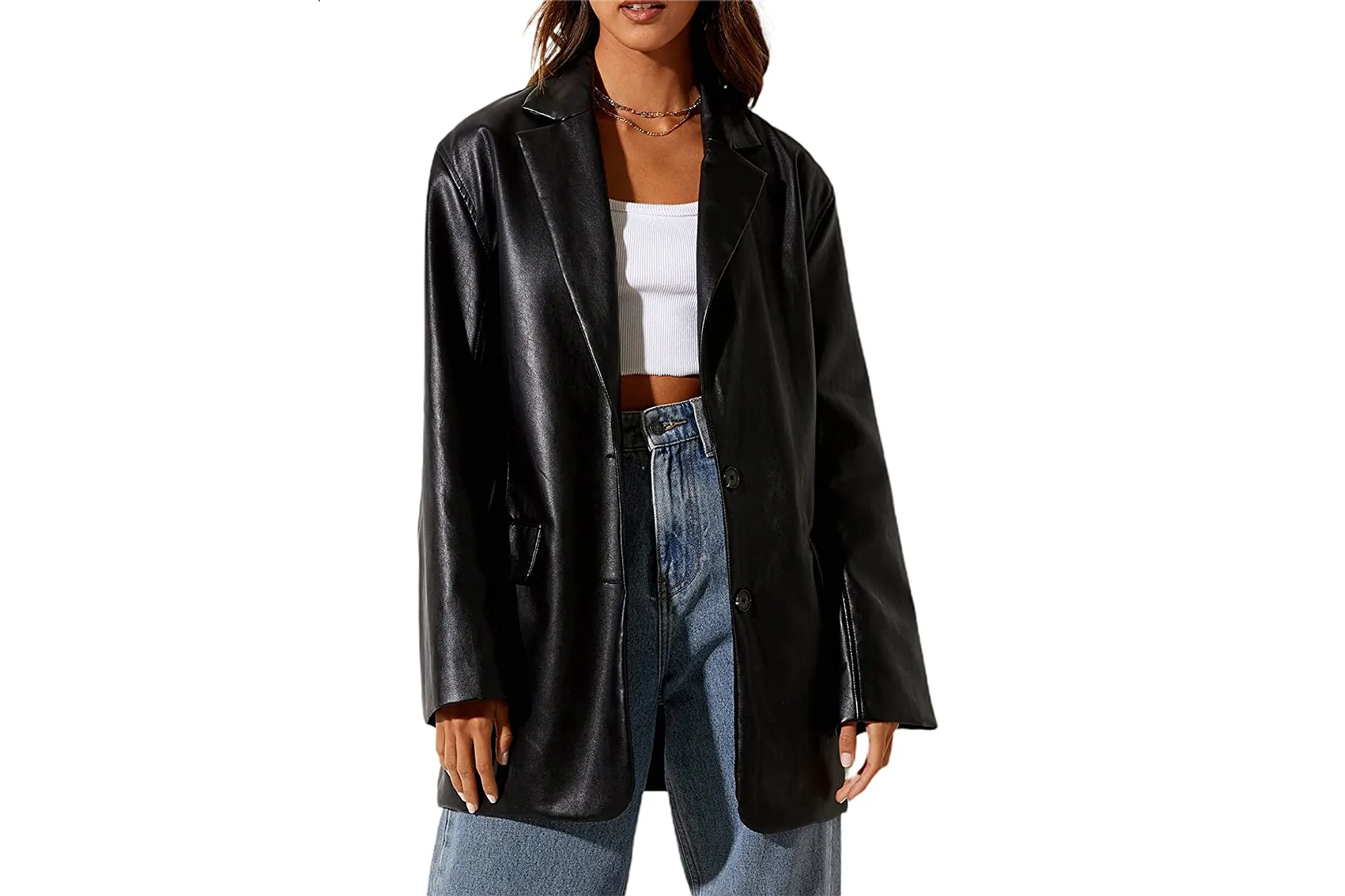 Ynocfri Y2K Streetwear Faux Leather Blazer