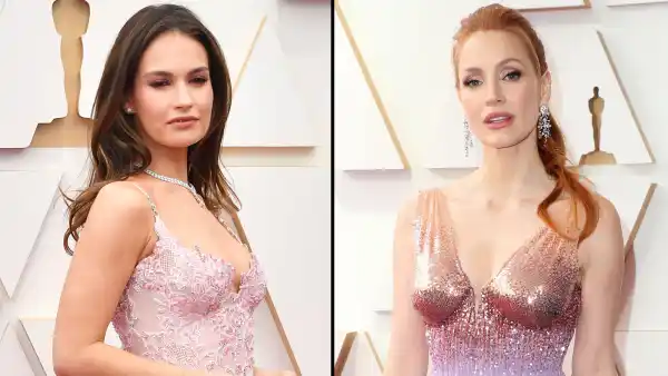 oscars 2022 red carpet Jessica Chastain Lily James