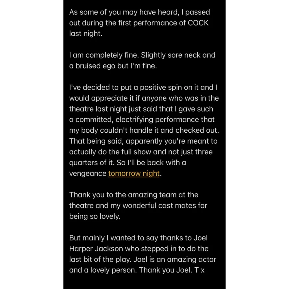 Taron Egerton Is &lsquo;Completely Fine&rsquo; After Passing Out During Debut Performance on 'Cock' Play in London