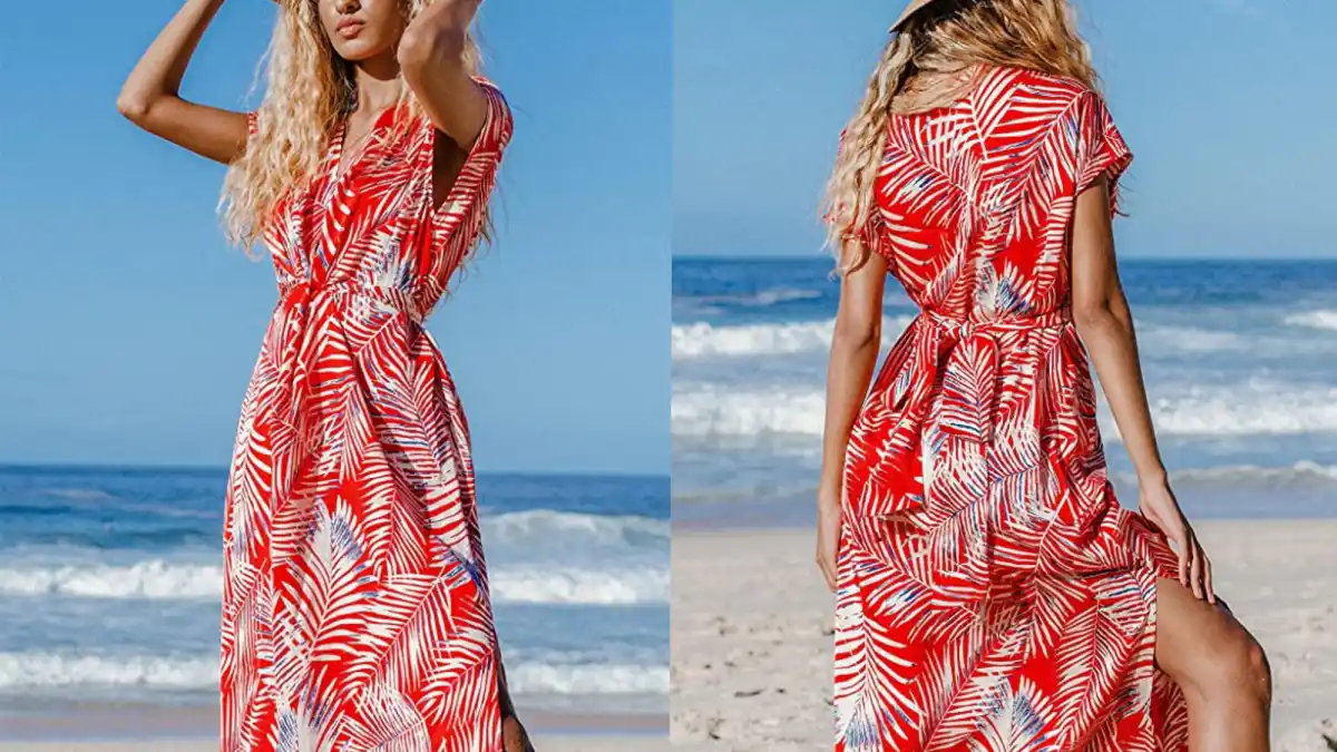 CUPSHE Women's Red Leaf Print Wrap Dress