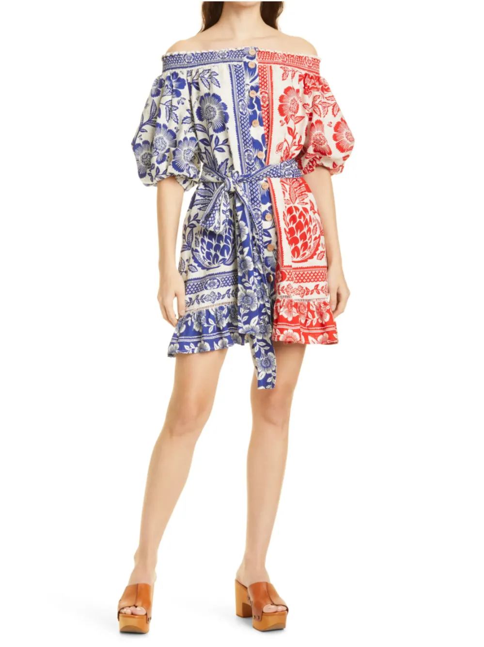 Farm Rio Pineapple Garden Colorblock Linen Blend Off the Shoulder Dress