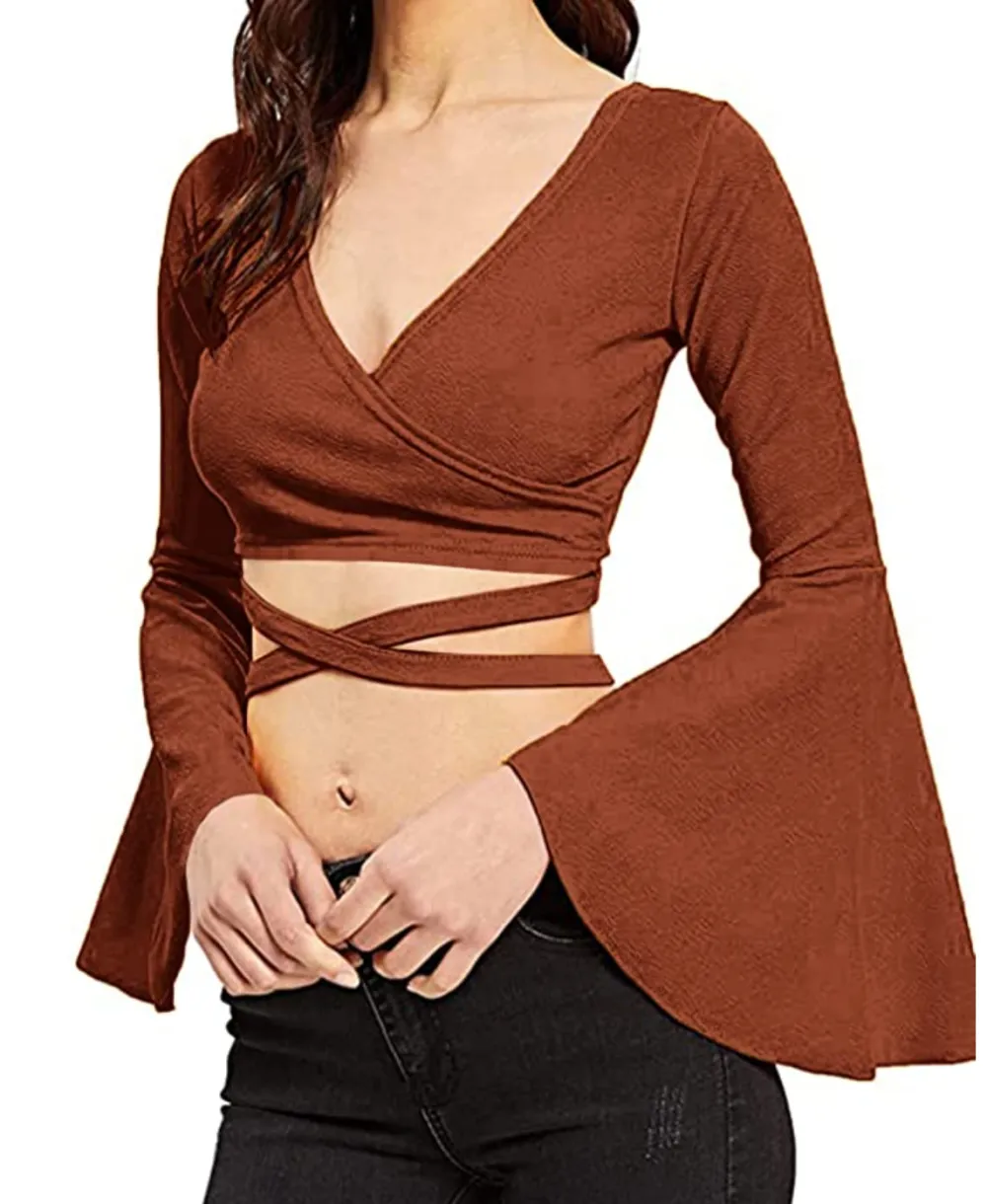 SheIn Women's V Neck Long Bell Sleeve Top