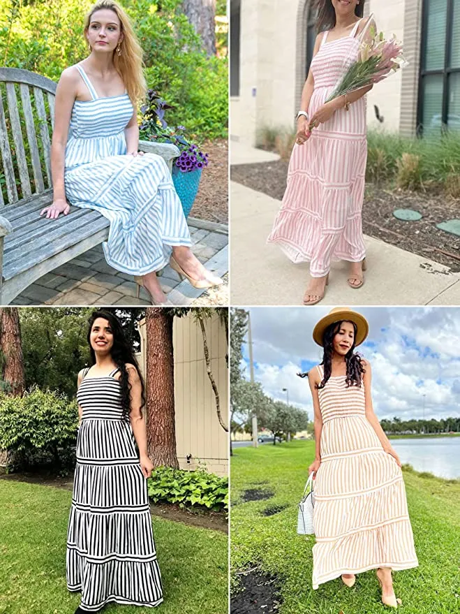 AOVDE Women's Striped Spaghetti Strap Maxi Dress