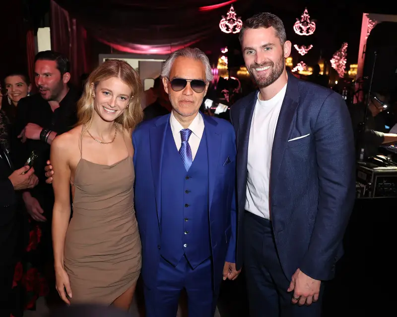 Kate Bock, Andrea Bocelli, and Kevin Love attend American Express Presents CARBONE BEACH by Major Food Group on Thursday, May 5, 2022