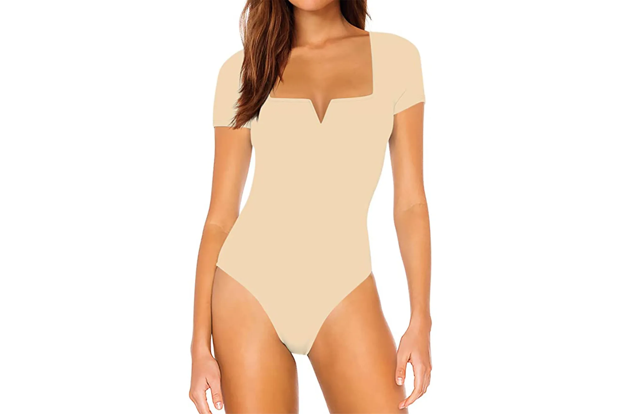 Saungkuai Women's Notch V Neck Short Sleeve Thong Bodysuit