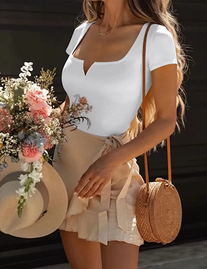 Saungkuai Women's Notch V Neck Short Sleeve Thong Bodysuit