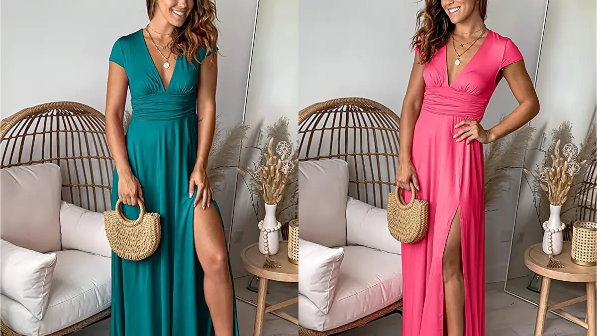 ANRABESS Women's Deep V High Slit Maxi Dress