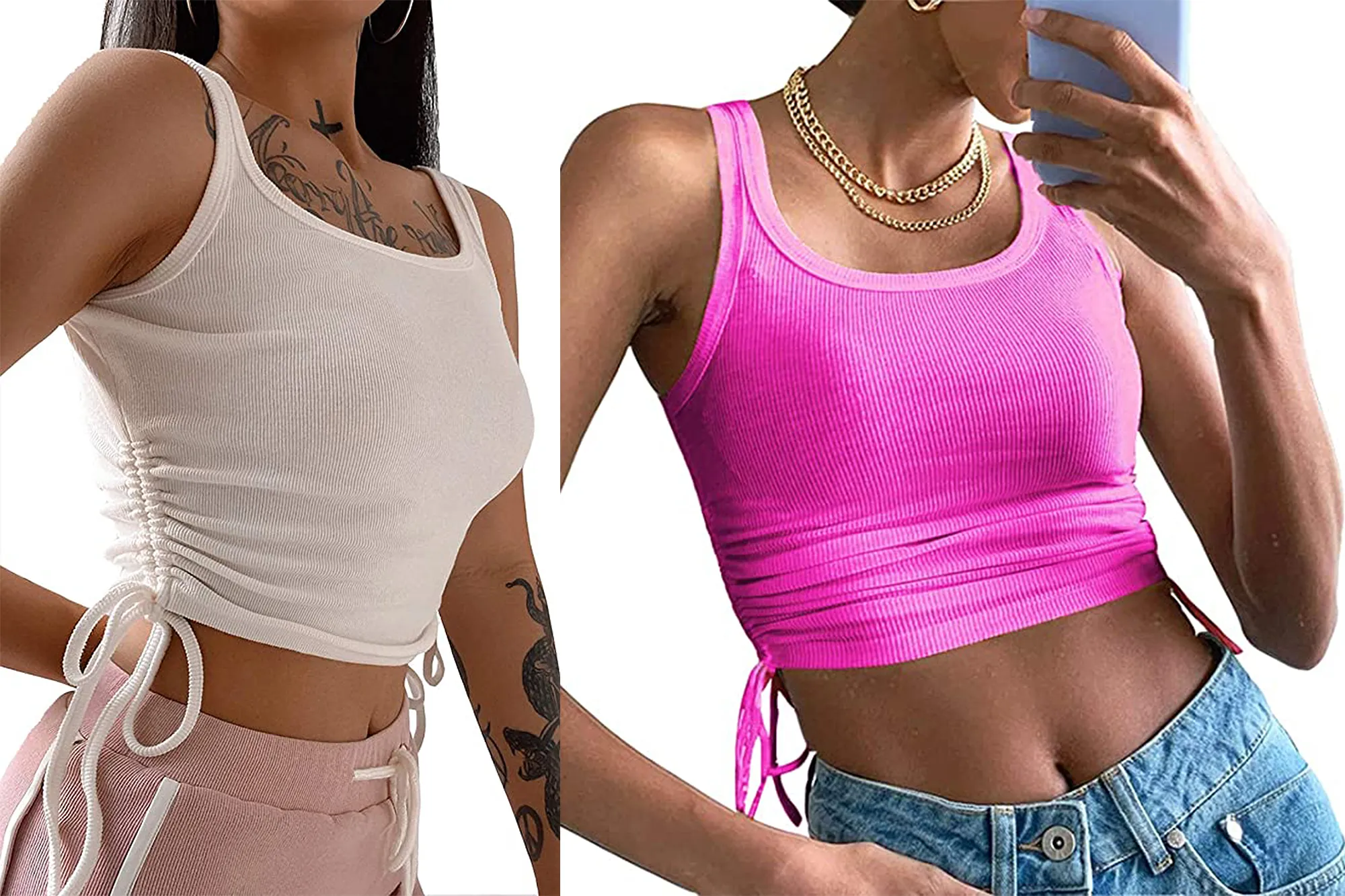 Artfish Women's Ribbed Drawstring Ruched Crop Tank Top