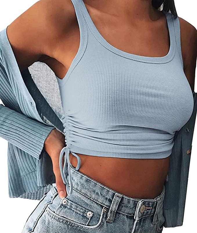 Artfish Women's Ribbed Drawstring Ruched Crop Tank Top