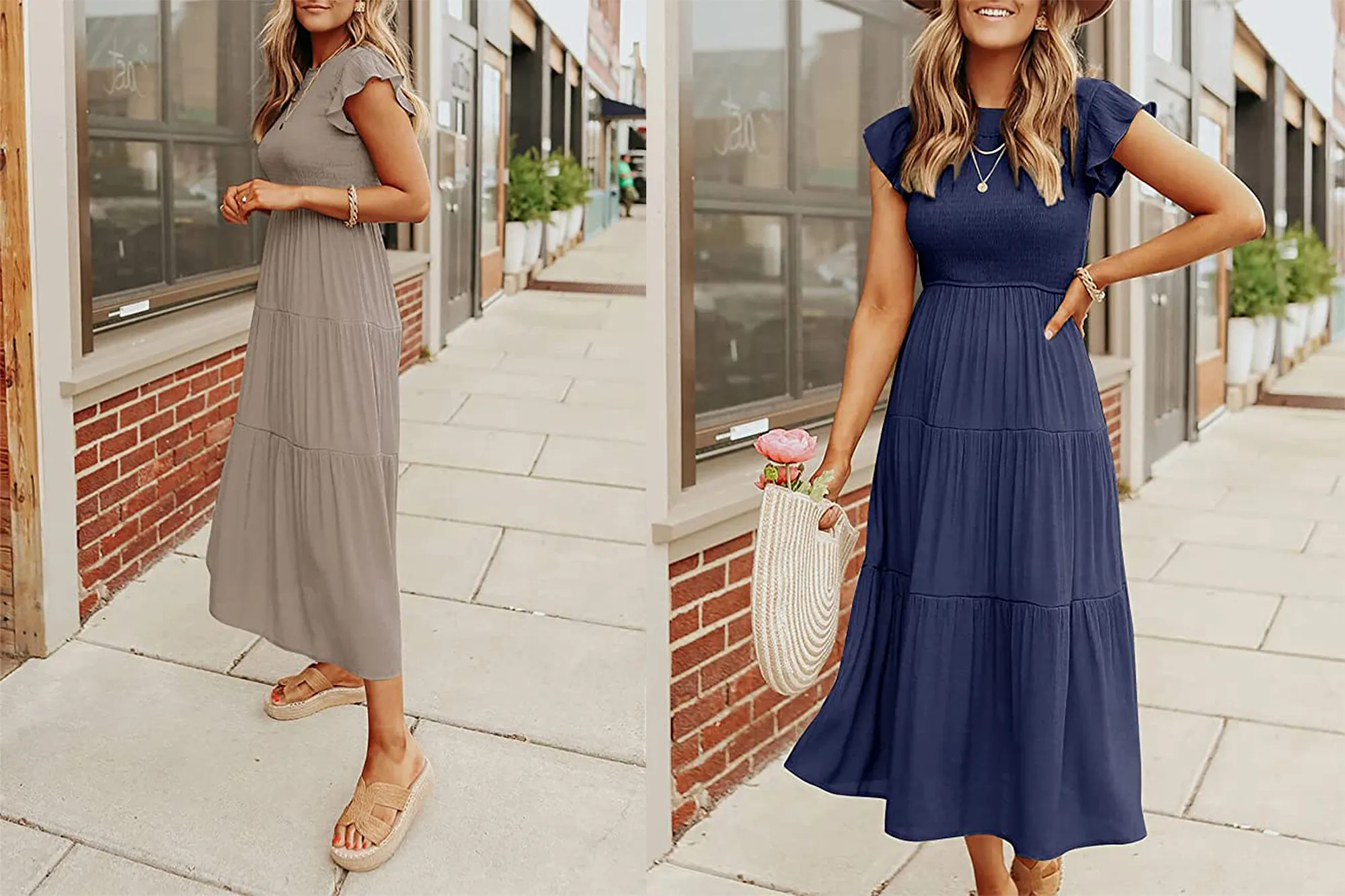 ZESICA Women's Flutter Short Sleeve Tiered Midi Dress