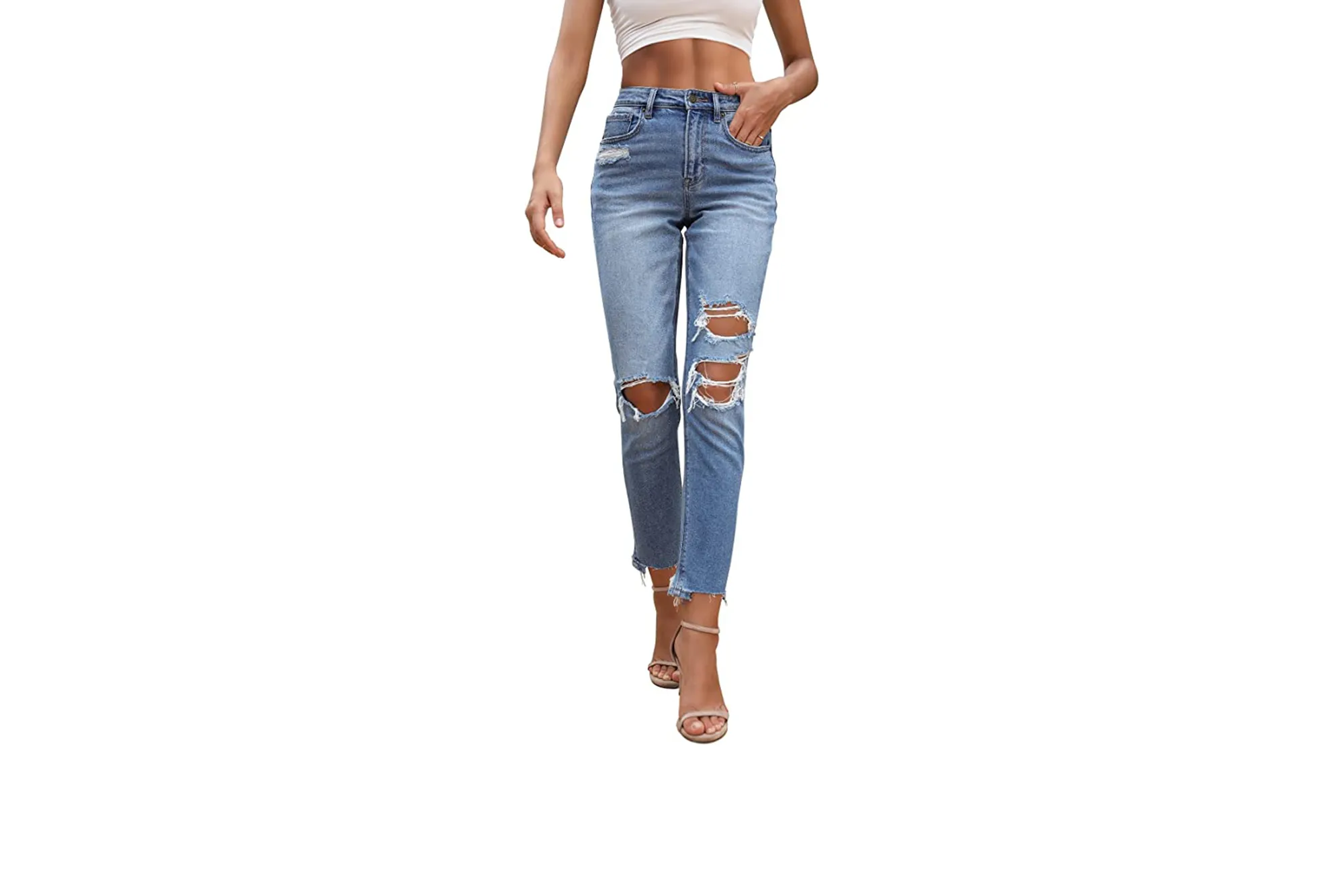 high-waisted ripped jeans