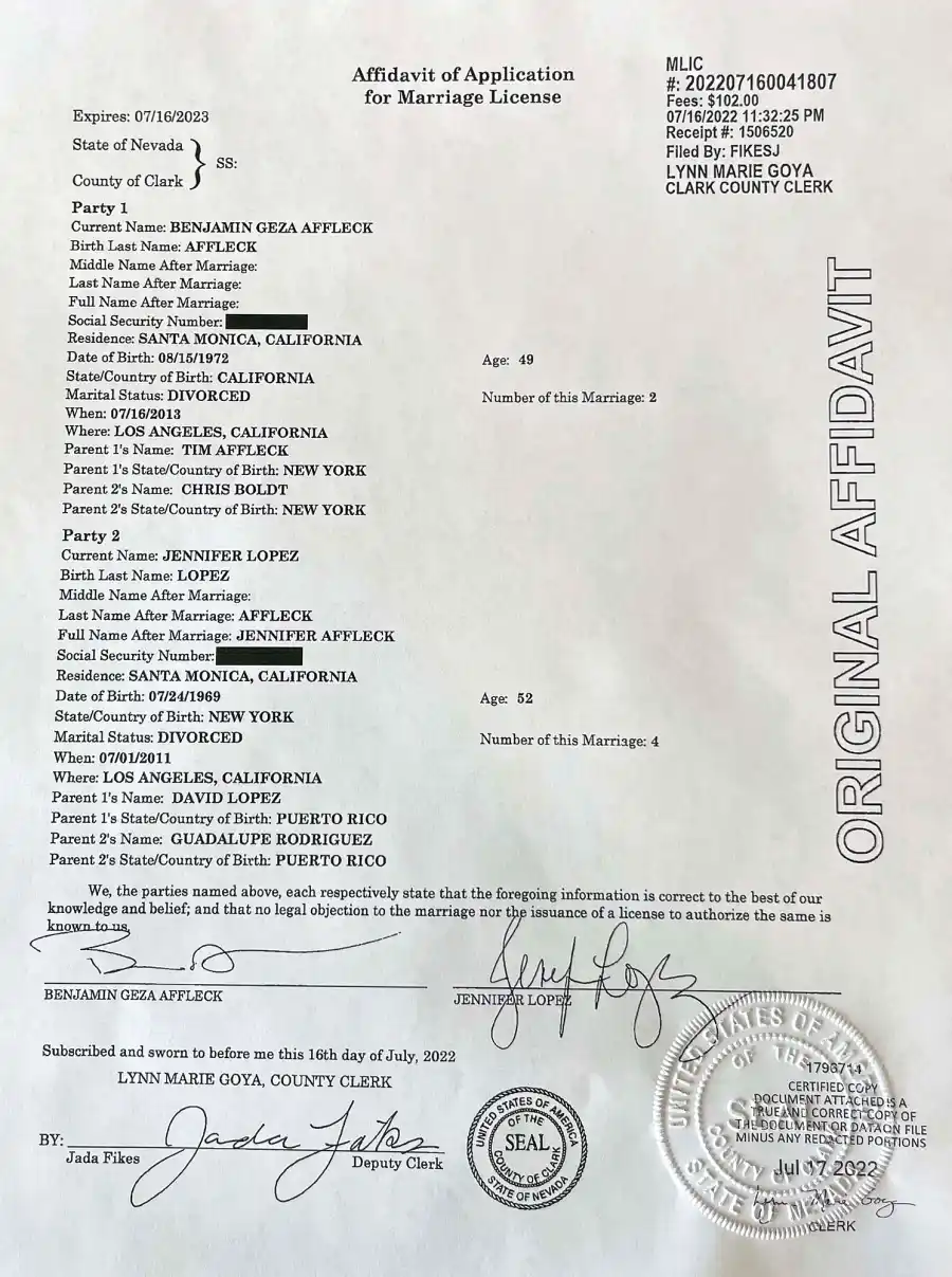 Obtaining the License Jennifer Lopez and Ben Affleck Intimate Las Vegas Wedding