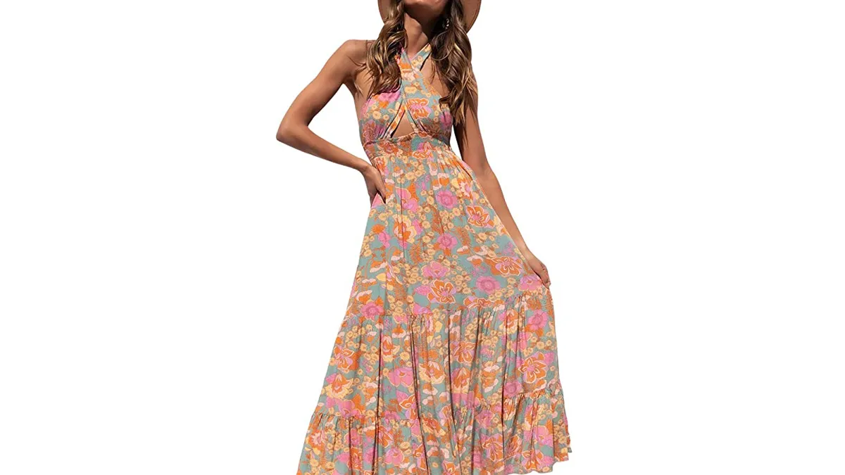 ZESICA Women's Summer Crossover Halter Neck Maxi Dress