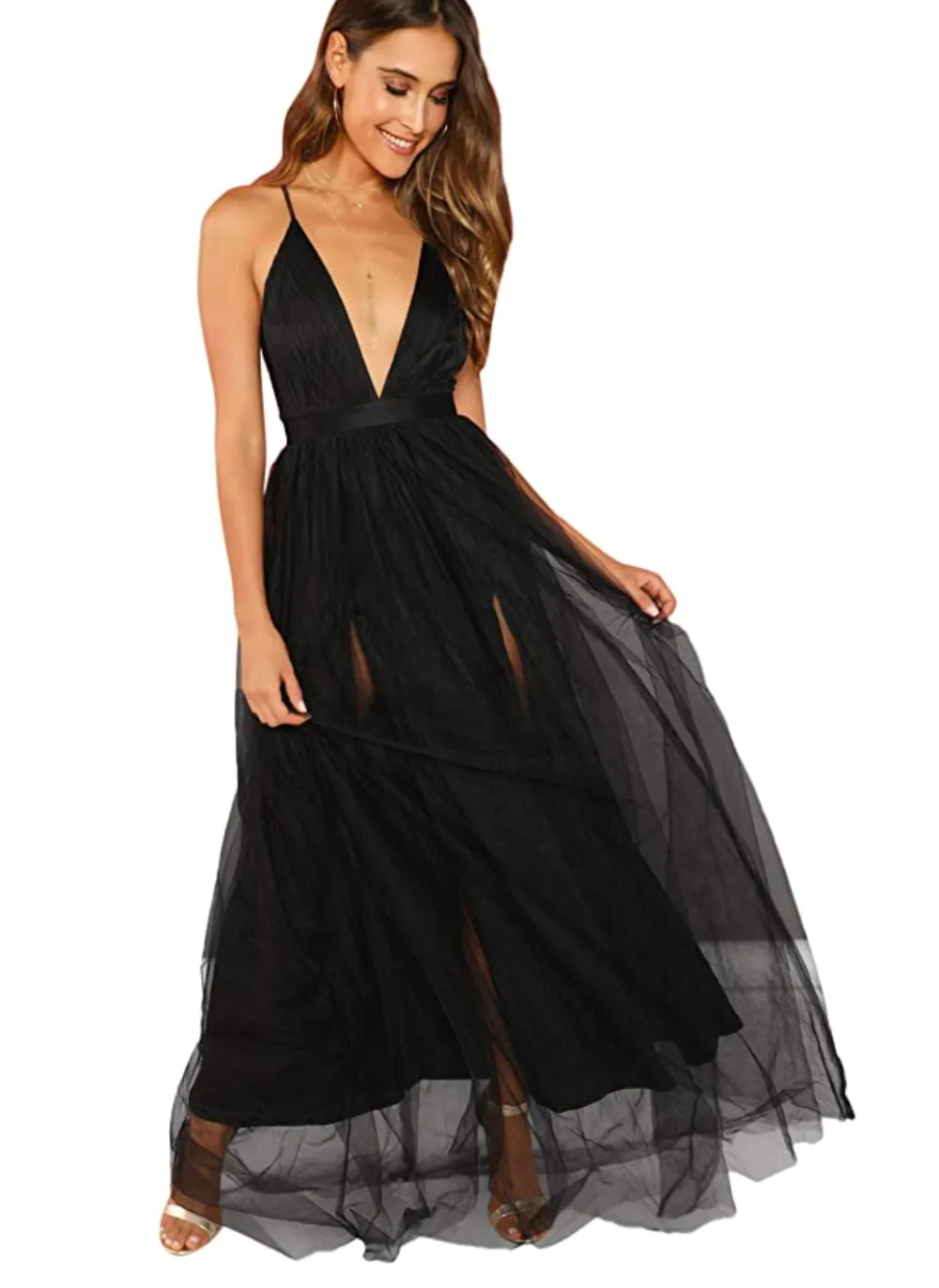 Floerns Women's Plunging Neck Spaghetti Strap Maxi Dress