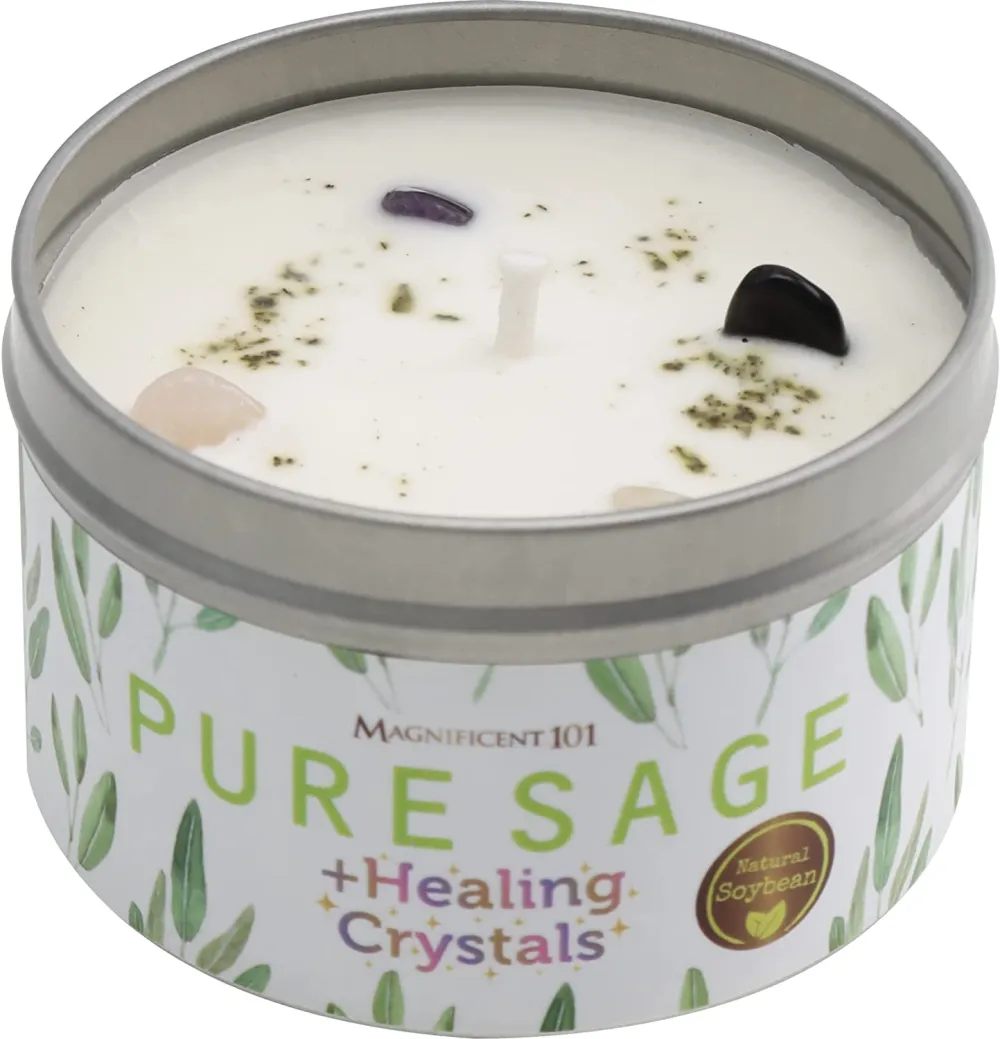 Magnificent 101 Sage Leaf and Healing Crystal Candle