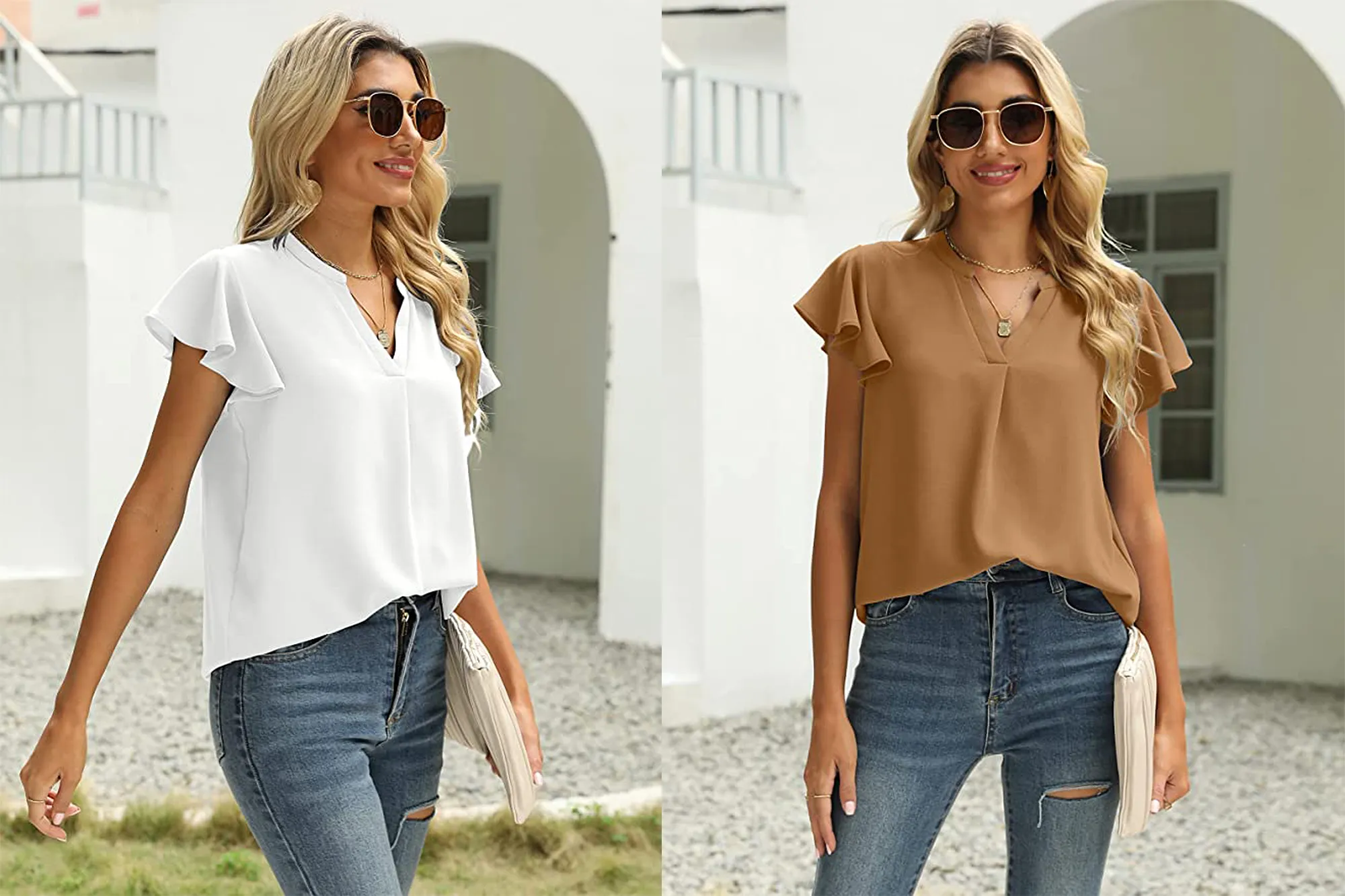 Saloogoe Split V Neckline Chiffon Blouse