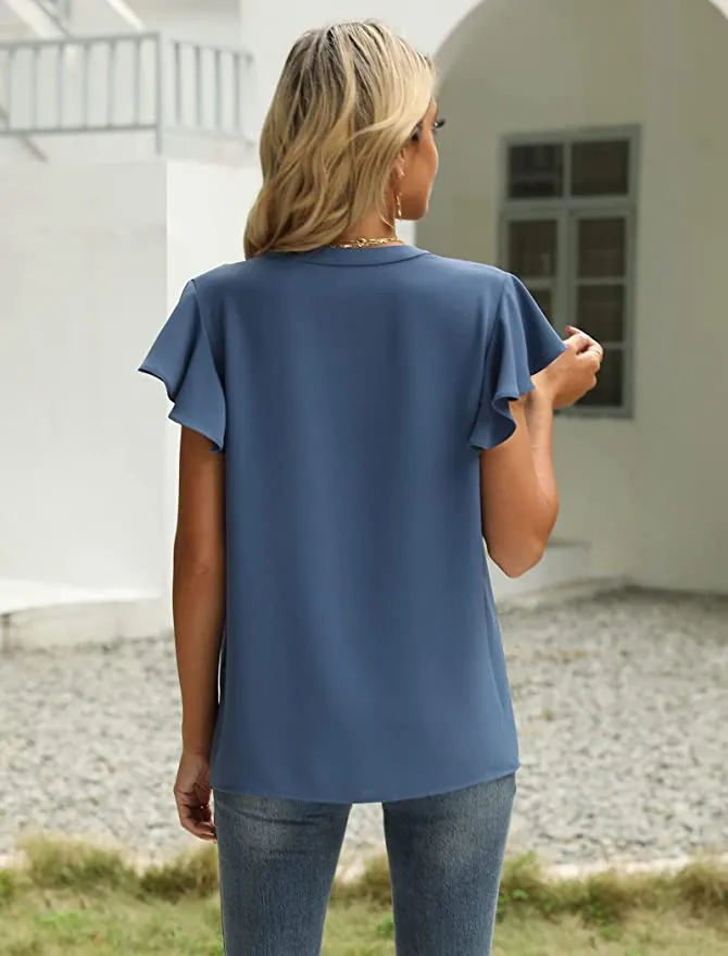 Saloogoe Split V Neckline Chiffon Blouse