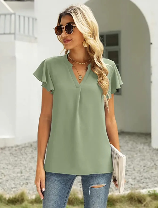 Saloogoe Split V Neckline Chiffon Blouse