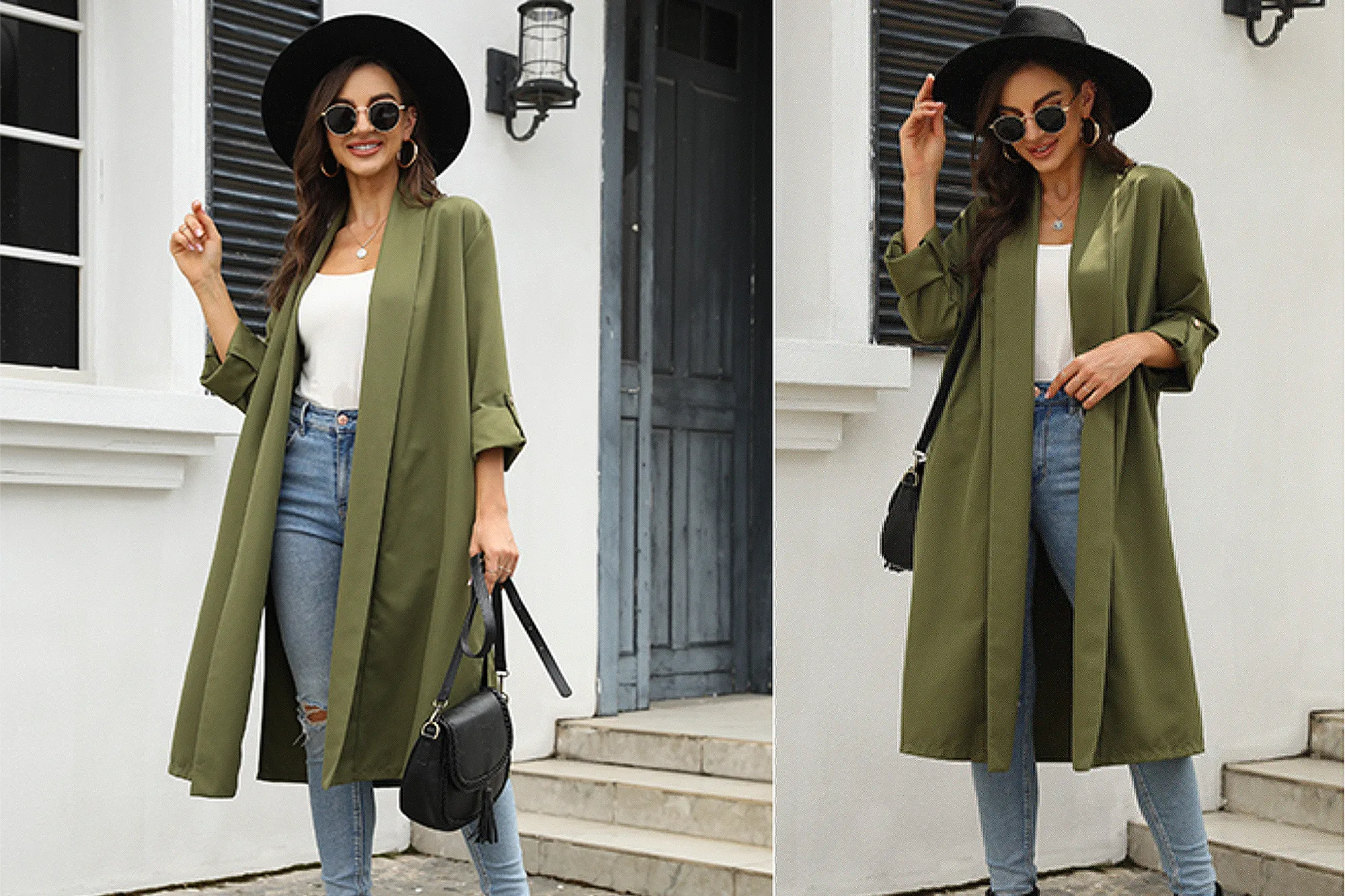 Gevomir 3/4 Sleeve Open Front Long Blazer Jacket