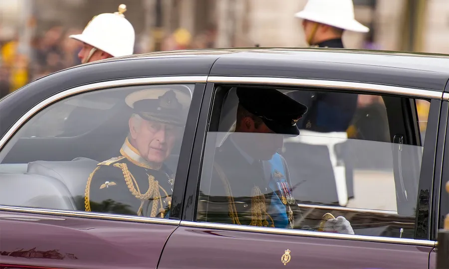 King Charles III Arrives With Princes William, Harry for Queen's Funeral
