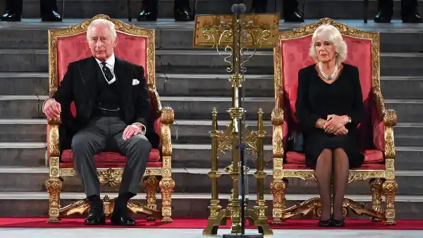 King Charles III and Camilla Queen Consort Sit on the Throne for the 1st Time During Parliament Address