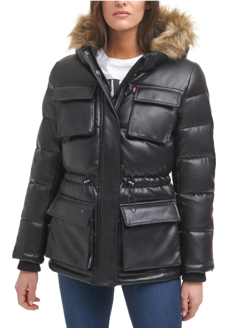 Levi's Storm Water Resistant Faux Leather Parka with Removable Faux Fur Trim