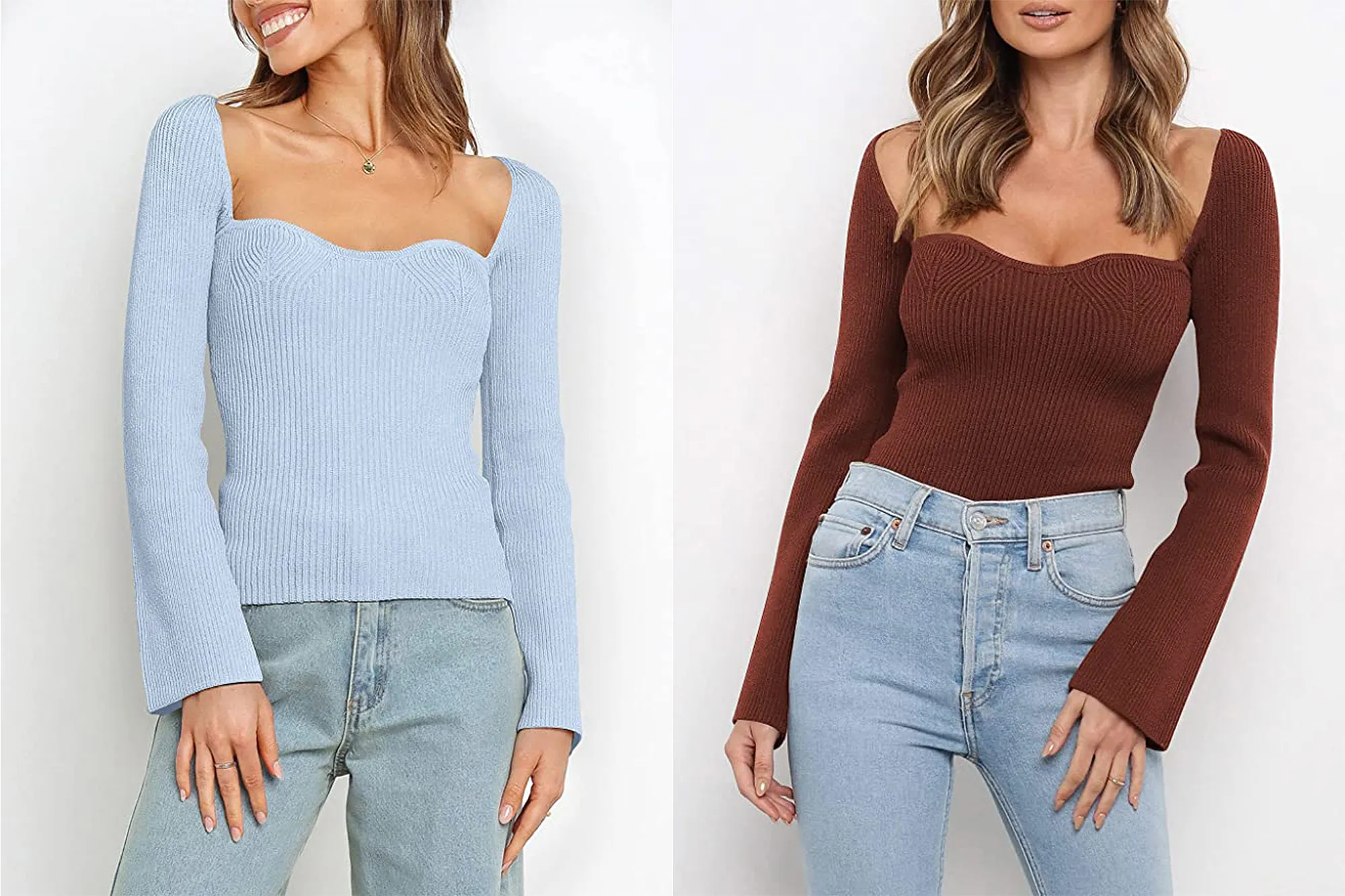 ANRABESS Women's Long Sleeve Sweetheart Neck Knit Top