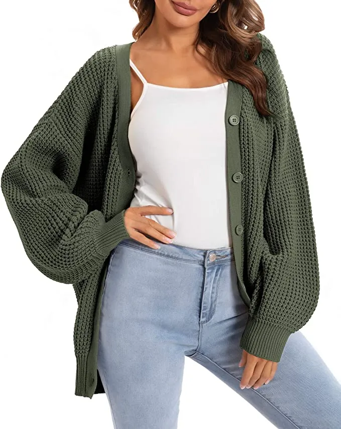 QUALFORT Women's Cotton Button-Down Oversized Knit Cardigan