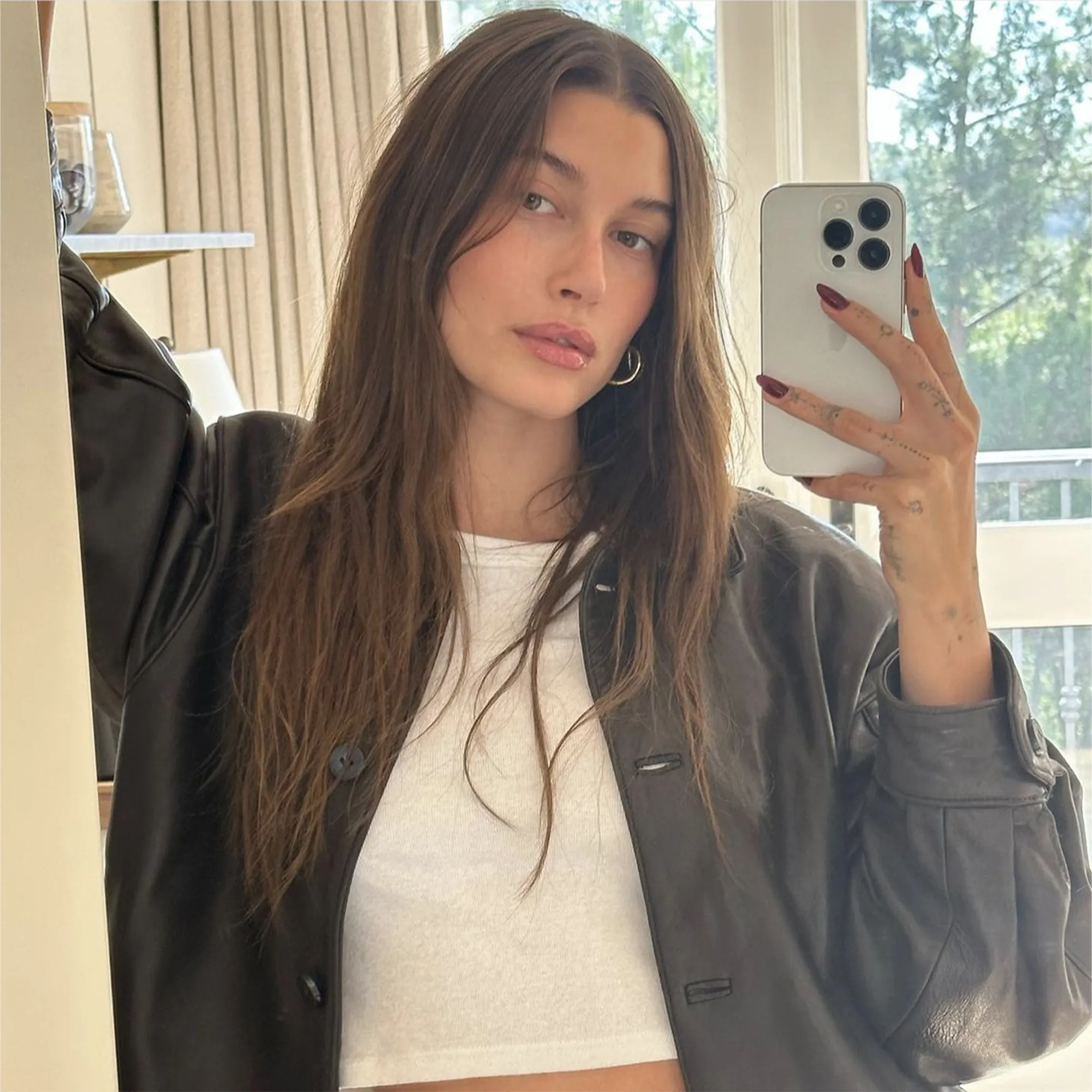 hailey-bieber-leather-shacket