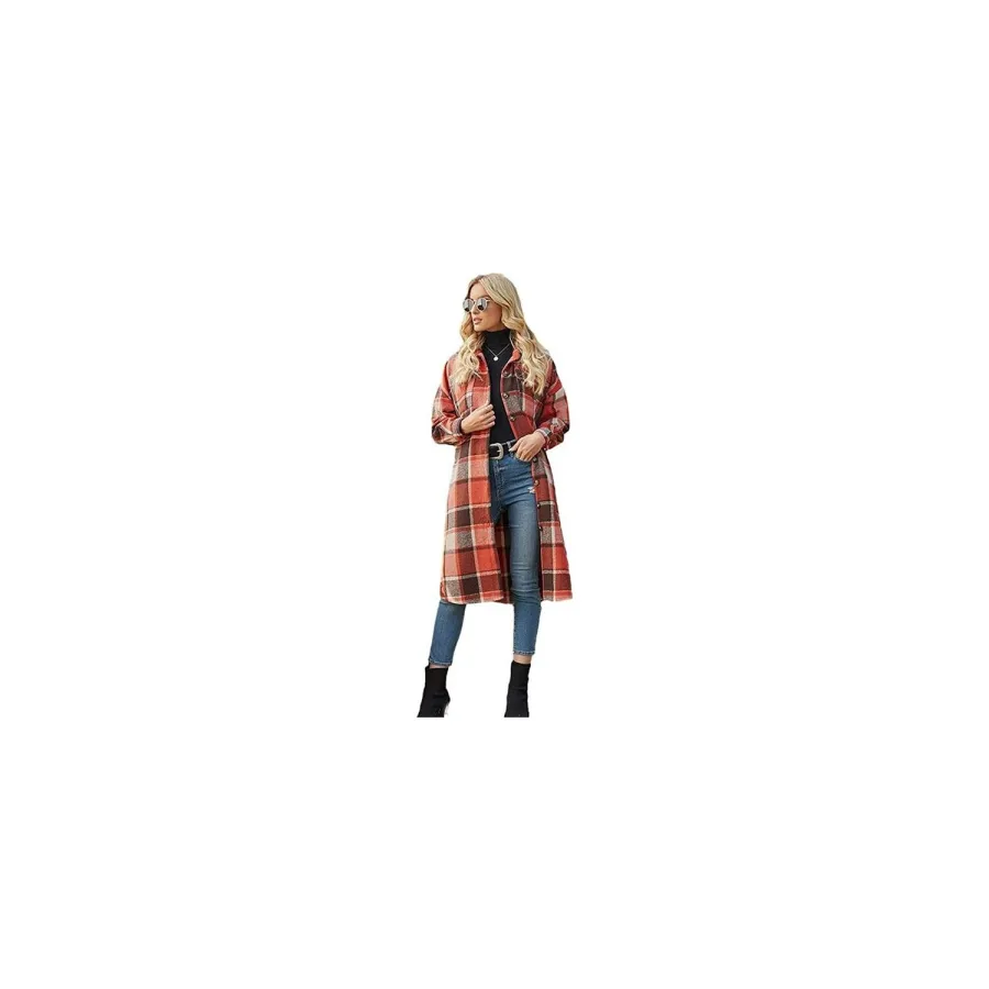Women's Casual Lapel Button Down Long Plaid Shirt Coat Tartan Shacket