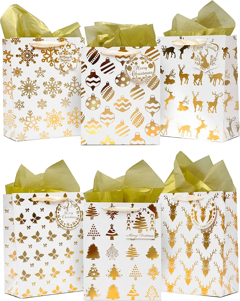 JOYIN 12 Pack Christmas Holiday Foil Gold Gift Bags
