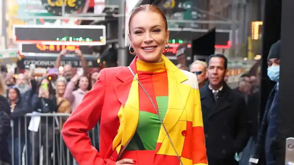 Lindsay Lohan Is a Vibrant Sight in Color Blocking Suit