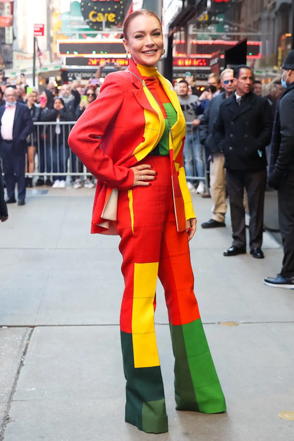 Lindsay Lohan Is a Vibrant Sight in Color Blocking Suit