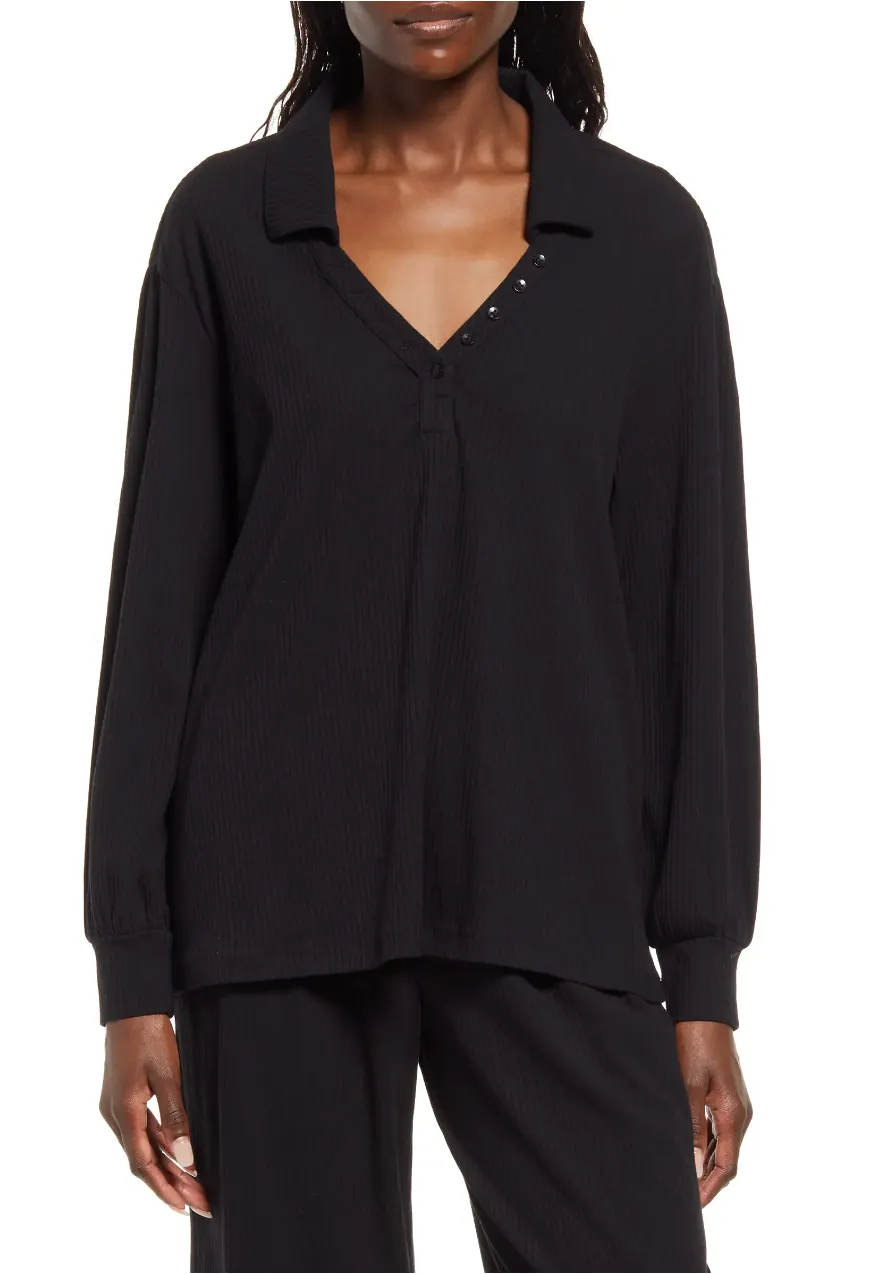 Open Edit Rib Long Sleeve Organic Cotton Blend Henley Pajama Top