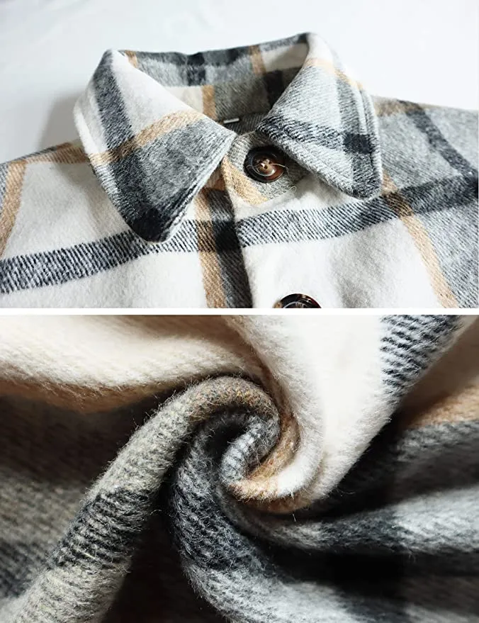 PUWEI Women's Long Plaid Shirt Shacket Jacket