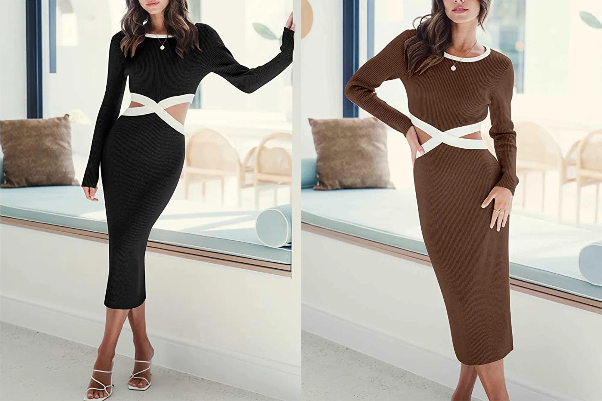 Prinbara Women's Waist Cutout Knit Midi Dress