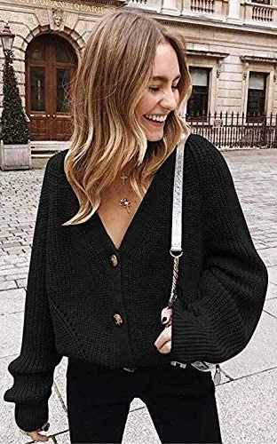 Asskdan Women's V-Neck Lantern Sleeve Cardigan