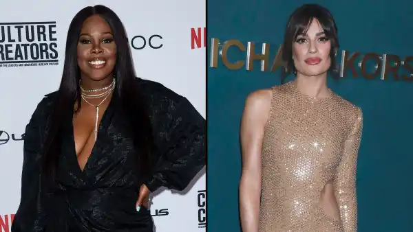 Glee's Amber Riley Seemingly Addresses Lea Michele's Racism Scandal: She Would Say She 'Doesn't See Race' black velvet dress champagne sparkle dress