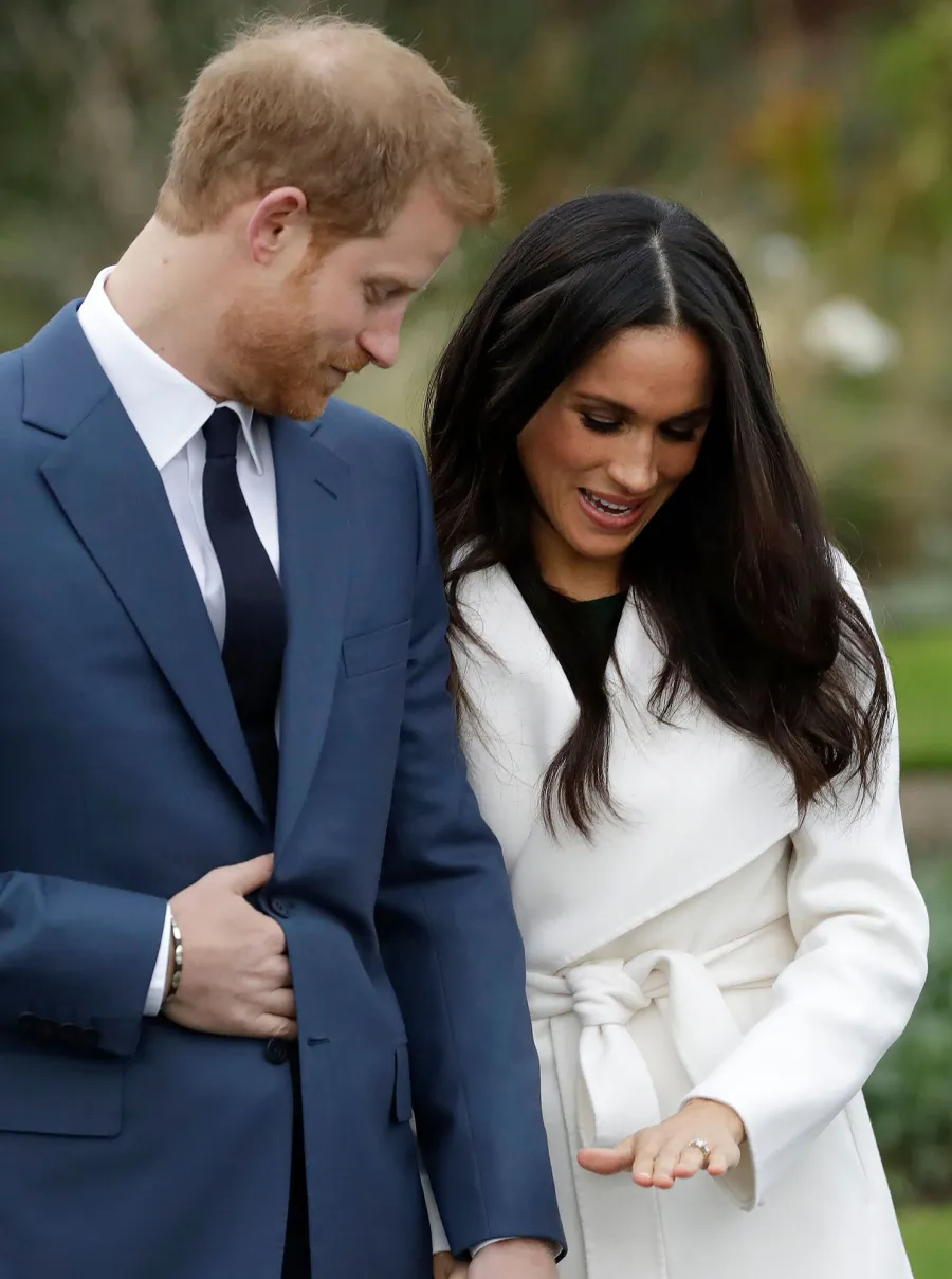 Meghan Markle's engagement ring. white coat