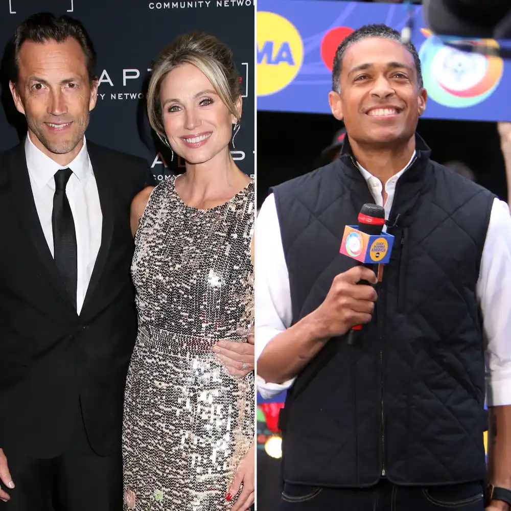 T.J. Holmes Said Amy Robach and Andrew Shue&rsquo;s Marriage Was a &lsquo;Love Story Like No Other&rsquo; on &lsquo;GMA3&rsquo; 1 Year Before Scandal sparkle dress quilted vest